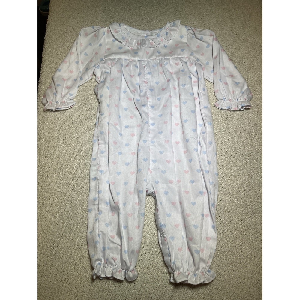Cecil and Lou Long-all Ruffle Collared Romper Pink And Blue Hearts Size 12 Month